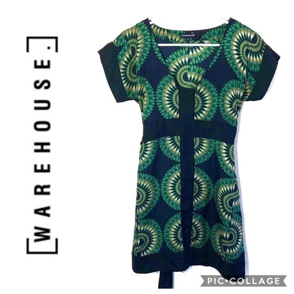 Warehouse 100% Silk Medallion Print Dress Sz 6 Green - Picture 1 of 8